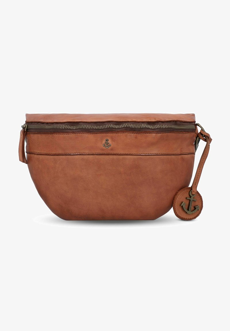 Braune Ledertasche mit Reißverschluss, runder Form, geprägtem Ankerdesign auf der Vorderseite und einer Schlüsselanhänger-Schlaufe mit passendem Anker-Anhänger.