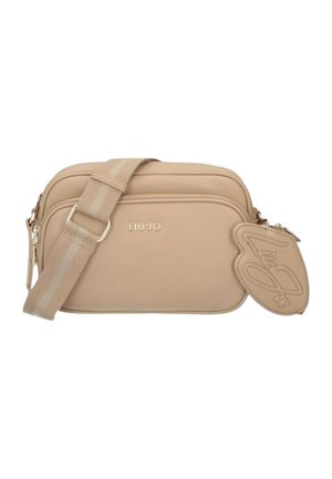 Borsa a tracolla beige con tracolla regolabile, tasca anteriore con zip, logo "LIU JO" e una pochette a forma di cuore con motivo in rilievo.