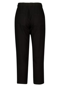 Zwarte cropped broek met een elastische tailleband, voorzien van twee achterzakken, een soepele textuur en een rechte pijpdesign.