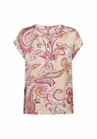 Blouse ample à manches courtes de couleur beige crémeux avec un motif paisley coloré comportant des accents roses, orange et verts.