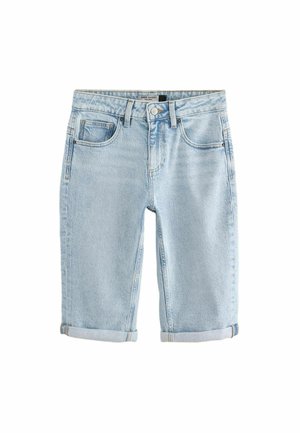 Heledad sinine teksapükste lühikesed šortsid, millel on klassikaline viie-tasku disain, üle pööratud äär ja õrn kulunud tekstuur.