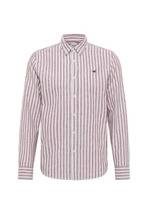 Koszula z długim rękawem zapinana na guziki, z pionowymi czerwonymi, białymi i niebieskimi paskami oraz małym granatowym haftowanym logo na piersi.