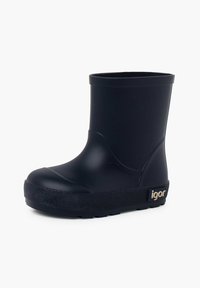 Botte de pluie en caoutchouc noir avec une finition lisse, un bout rond et une semelle texturée. Présente un accent de marque sur le côté. Pas de détails supplémentaires.