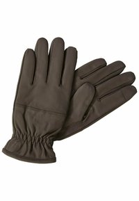 Brune læderhandsker med fire fingre, en samlet håndled og synlig syning. Glat tekstur med et minimalistisk design uden pynt.