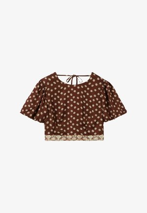 Top corto de manga corta marrón con patrones de sol en crema y ribete floral, con cierre de lazo en la parte trasera del escote.