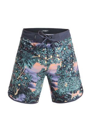 Badehosen mit marineblauem Bund und tropischem Floral-Muster in Grün-, Gelb- und Violetttönen, mit einer vorderen Schnürung.