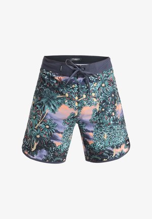 Badehosen mit marineblauem Bund und tropischem Floral-Muster in Grün-, Gelb- und Violetttönen, mit einer vorderen Schnürung.