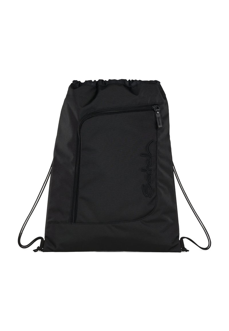 Drawstring bag in black nylon with a front zip pocket, rounded shape, smooth texture, and logo detail stitched on the side.