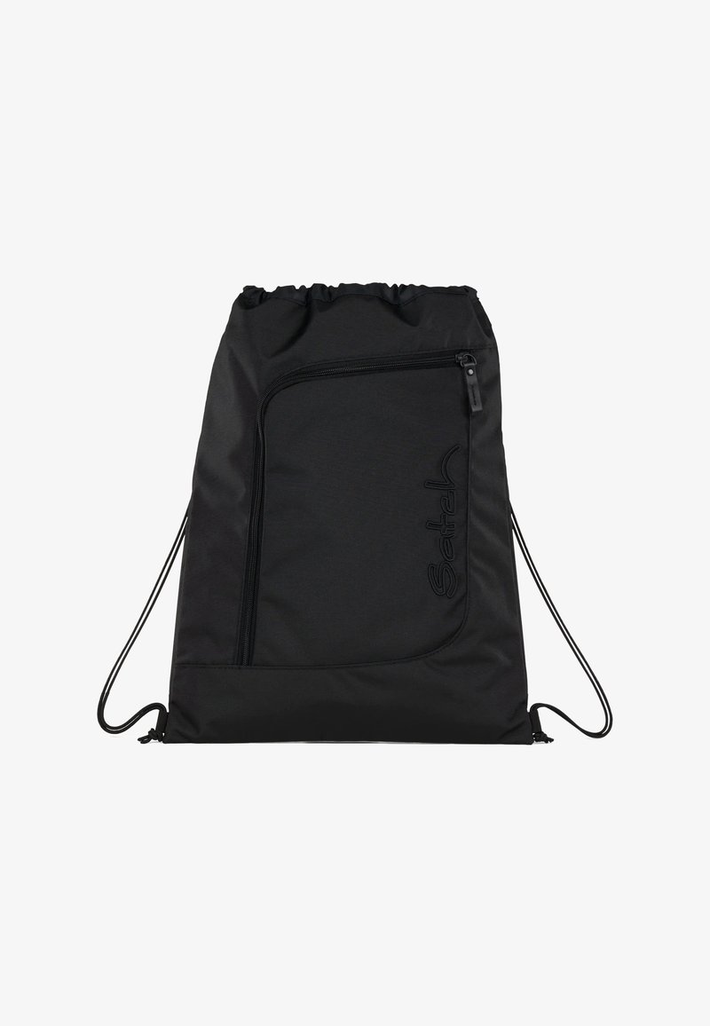 Drawstring bag in black nylon with a front zip pocket, rounded shape, smooth texture, and logo detail stitched on the side.