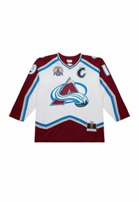 Maroon and white hockey jersey with blue accents, featuring a large logo, player number 19, and a captain's C on the front. Long sleeves.