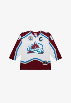 Maroon and white hockey jersey with blue accents, featuring a large logo, player number 19, and a captain's C on the front. Long sleeves.