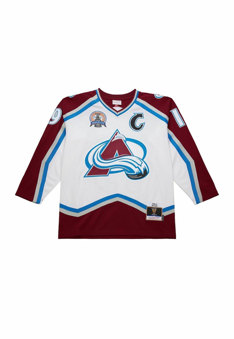 Maroon and white hockey jersey with blue accents, featuring a large logo, player number 19, and a captain's C on the front. Long sleeves.