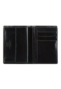 Schwarzes Leder-Portemonnaie mit einer strukturierten Oberfläche. Verfügt über mehrere Kartenfächer, ein offenes Fach und ein dezent prägtes Logo.