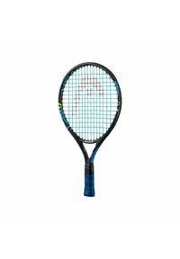 Zwarte tennisracket met een ronde kop, blauwe snaren en een gestructureerde blauwe grip. Heeft neonaccenten en een gebogen schouderontwerp.