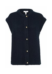 Marineblauer, gestrickter ärmelloser Cardigan mit rundem Halsausschnitt, vorderer Knopfleiste mit goldfarbenen Knöpfen und geripptem Saum.