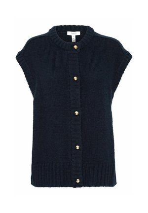 Marineblauer, gestrickter ärmelloser Cardigan mit rundem Halsausschnitt, vorderer Knopfleiste mit goldfarbenen Knöpfen und geripptem Saum.