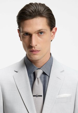 Mann mit zurückgekämmtem braunem Haar, der einen hellgrauen Anzug, ein blaues Hemd, eine gemusterte Krawatte mit Krawattennadel und ein weißes Einstecktuch trägt.