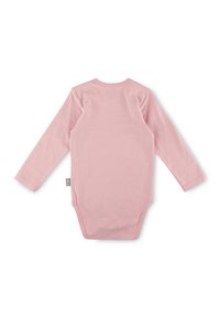 Pink long-sleeve bodysuit made of soft cotton, featuring a round neckline and snap closures at the bottom for easy dressing.