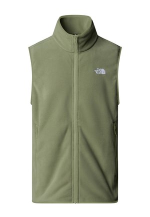 Gilet en polaire verte avec col montant, fermeture éclair à l'avant et deux poches latérales. Comprend un petit logo blanc sur le côté supérieur gauche.