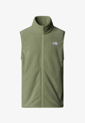Groene fleece vest met hoge kraag, voorrits en twee zijzakken. Inclusief een klein wit logo aan de bovenste linkerkant.