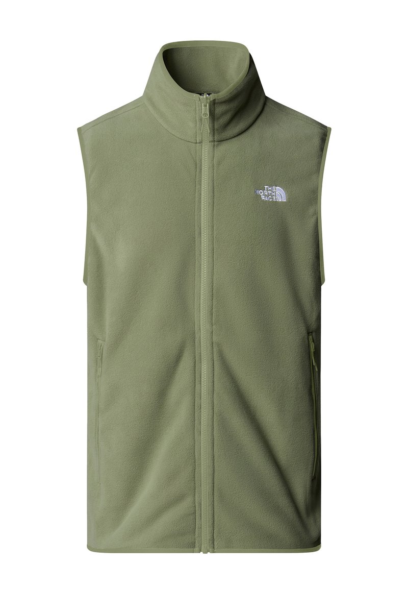 Grüne Fleece-Weste mit hohem Kragen, Frontreißverschluss und zwei Seitentaschen. Mit einem kleinen weißen Logo auf der oberen linken Seite.