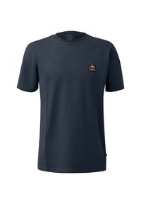 Navy blauwe katoenen t-shirt met een ronde hals, korte mouwen en een gestructureerde logopatch op de borst. Gladde stof, normale pasvorm.