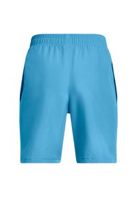 Blauwe sportshorts met een elastieken tailleband, gladde textuur en zijzakken. Kenmerkt zich door een rechte snit en heeft geen extra patronen of accenten.