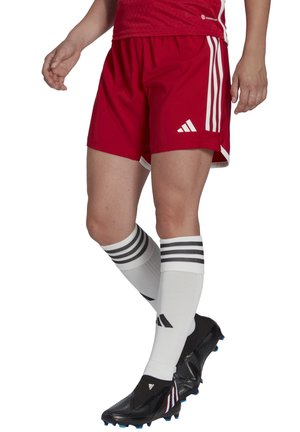 Rode sportieve shorts met witte strepen en logo, gecombineerd met kniesokken in het wit met zwarte strepen. Zwarte voetbalschoenen met kleurrijke accenten.
