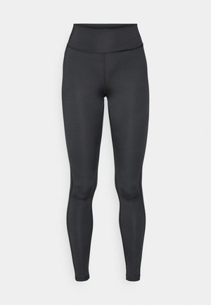Høyt liv svarte leggings laget av stretchy stoff, med en glatt tekstur og en tettsittende design uten synlige mønstre eller hardware.