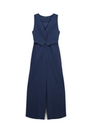 Salopette senza maniche di colore blu navy con gambe larghe e top in stile gilet con bottoni.