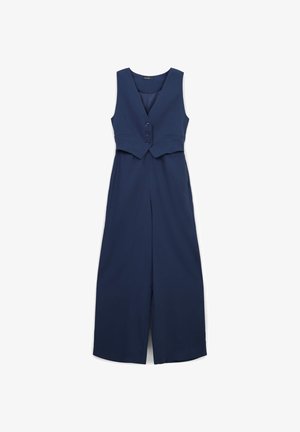 Combinaison sans manches bleu marine avec des jambes larges et un haut de style veste boutonné.