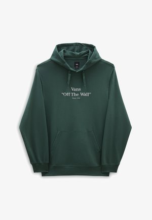 Sweat à capuche Vans vert foncé avec poche avant et cordons, portant un texte blanc "Vans Off The Wall Since 1966" sur la poitrine.