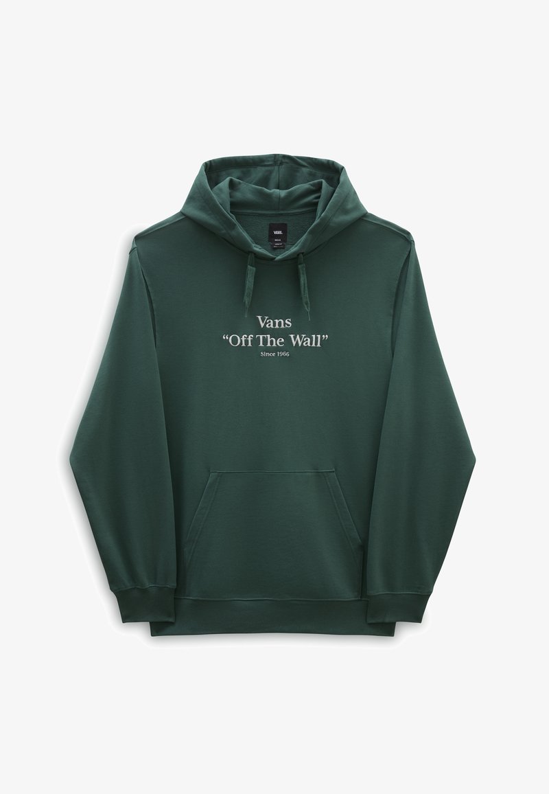 Sweat à capuche Vans vert foncé avec poche avant et cordons, portant un texte blanc "Vans Off The Wall Since 1966" sur la poitrine.