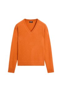 V-neck orange sweater made of soft fabric with long sleeves and knit ribbed hem, featuring a relaxed fit and minimal design.