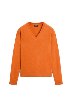 V-Ausschnitt orangefarbener Pullover aus weichem Stoff mit langen Ärmeln und geripptem Saum, mit entspannter Passform und minimalistischem Design.