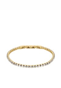 Náušnice zlaté barvy vyrobené z kovu, které mají flexibilní design s průhlednými krystalovými akcenty a předvádějí řadu kulatých kamenů podél pásku.