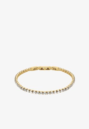 Armband aus goldfarbenem Metall mit einem flexiblen Design und klaren Kristallakzenten, das eine Reihe runder Steine entlang des Bands präsentiert.