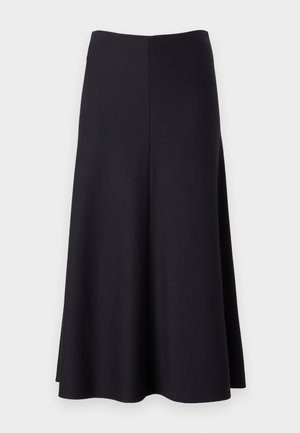 Black flared skirt made of soft fabric, featuring a smooth surface, knee-length cut, and a simple, clean design with no visible fastenings.