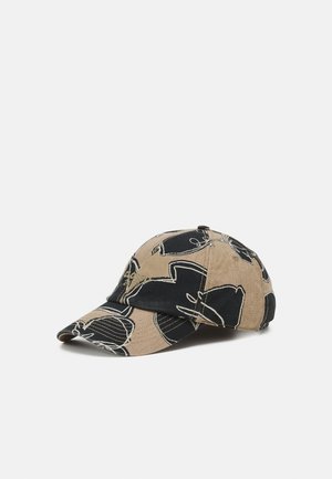 Casquette de baseball avec un motif de feuilles abstraites beige et noires, visière incurvée et design de panneaux cousus.