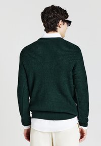 Uomo di spalle con un maglione lavorato a maglia verde scuro sopra una camicia bianca e pantaloni chiari, con capelli corti e ricci e occhiali neri.