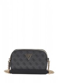 Zwart-grijs patroon Guess handtas, met ritssluiting, kettingriem en logoplaatje aan de voorkant. Gestructureerde stof en gladde accenten.