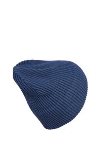 Navy blue ribbed knit beanie with a tapered design. Features a soft texture and elastic fit, suitable for casual wear in cooler weather.