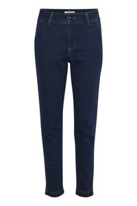 Sötét kék farmernadrág slim fit kivitelben, gombos záródással, öt zsebbel és kontrasztos varrási részletekkel.