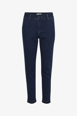 Tumeda sinine teksapüksid kitsaste lõigetega, millel on nööp sulgemine, viie taskuga disain ja kontrastsed õmblused.