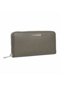 Portafoglio in pelle grigia con finitura testurizzata, chiusura a zip, design piatto e hardware argento con il nome del marchio "BOGNER."