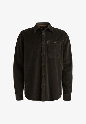 Camicia in corda marrone scuro con colletto a bottone, maniche lunghe, taschino singolo sul petto e trama a strisce verticali.
