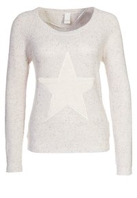 Gebreide trui in lichtbeige met een textuurafwerking. Heeft een groot wit sterrenpatroon in het midden, een ronde hals en lange mouwen.