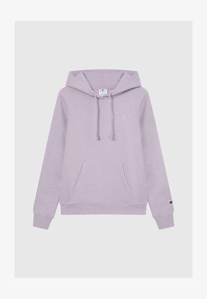 Lichtpaarse hoodie met een buidelzak, trekkoordjes en een klein logo op de borst. Zacht materiaal met geribbelde manchetten en zoom.
