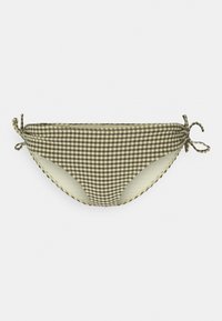 Parte de baixo de biquíni em padrão gingham castanho e creme, com laços ajustáveis nas laterais, acabamento em babados e forro liso.