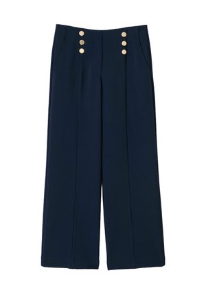 Pantalon large bleu marine à taille haute, avec poches avant et deux rangées de trois boutons dorés de chaque côté de la ceinture.